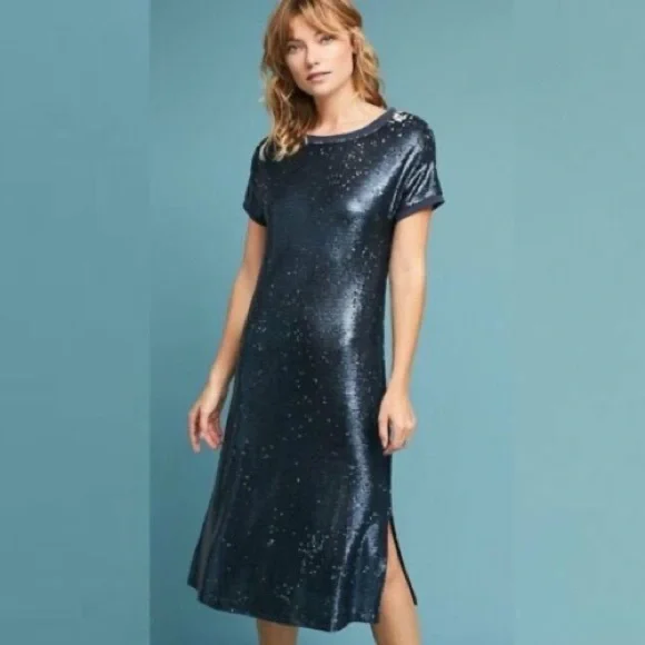 blue sequin dress anthropologie Moulinette Soeurs Anthropologie woman's dress blue sequin Size Small